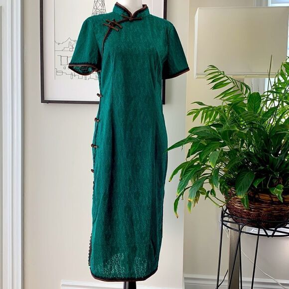 💚Stylish Patterned Shirtsleeves Qipao Emerald Green - Picture 1 of 8